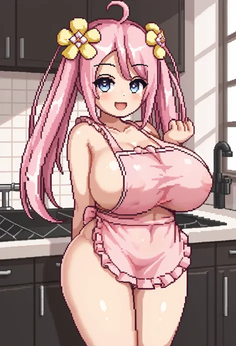 score_9, score_8_up, score_7_up, source_anime, uncensored, gigantic breast, thick thigh, curvy, narrow waist, slim legs, huge ass, skindentation, 

1girl, solo, happy, open mouth, shiny eyes, naked apron, pink apron, covered navel, sideboob, kitchen, stand...