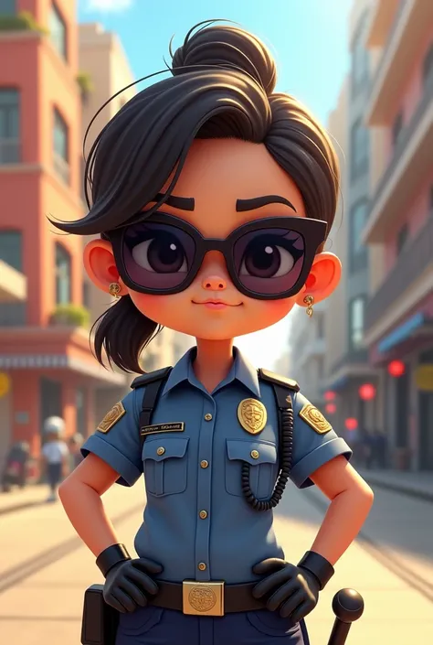 Generate a creative realistic cartoon image a small girl  police little lady singam with sun glasses,a baton. The officer name should be nihira