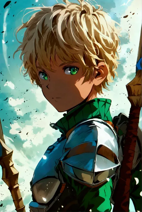  Young blond boy holding a spear as a weapon, green eyes and training suit , thin, 1,67 meters. art style: anime