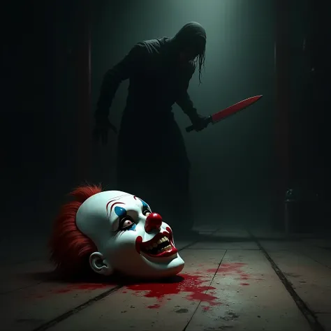 a clown mask with a shadow in the background appearing and holding a knife, Abandoned on the circus floor ,  blood under the mask  (Clowns head ), Total terror , realistic,  dark background, 