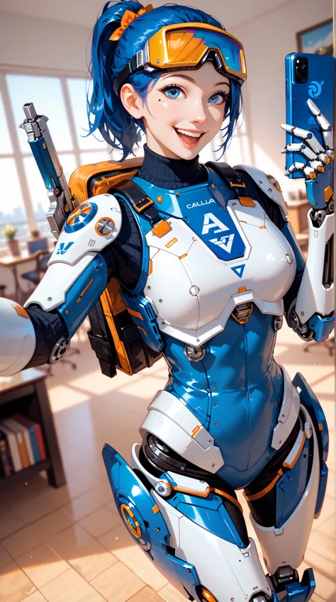  exquisite facial features， Agent，Mole under the eye，Happy， Ponytail ， Flashing Mechanical Eye ， Mechanical Goggles ， Flashing Mechanical Leg ，黑色 Agent勁裝， Flashing Multifunctional Bulletproof Armor， Pistol Grip ，Selfie， Weapons Workshop ，painting，College L...