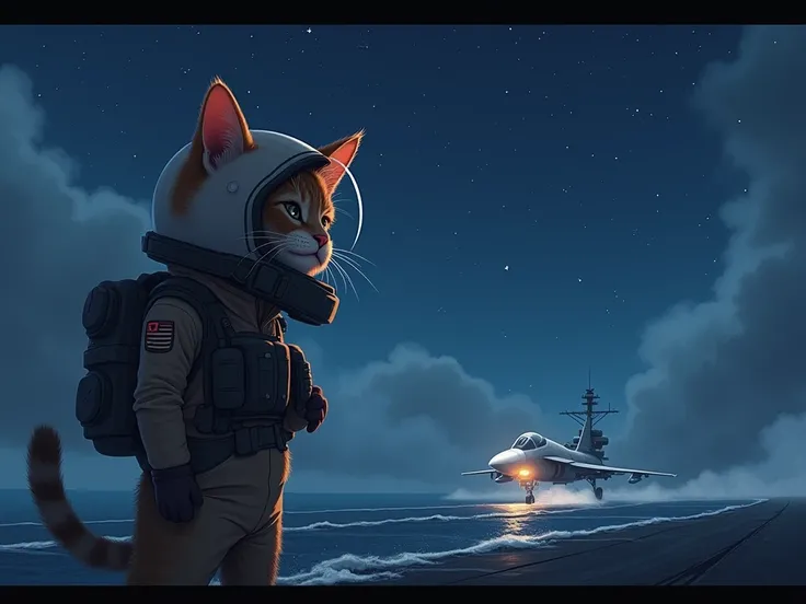  when the mission ends 、 the cute cat pilot 、Under the stars、 futuristic Land a fighter on the deck of an aircraft carrier 。The camera、 focuses on the cat taking off the helmet 、 with an exhausted yet triumphant expression in battle。Behind it, 、 the jet en...