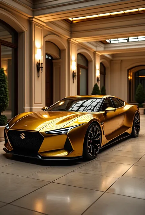  Realistic photo concept car , made by Suzuki Motors , luxury sedan ,  4-door car,  large car ,  in the color gold with details in black ,  inside a garage of a very luxurious mansion.