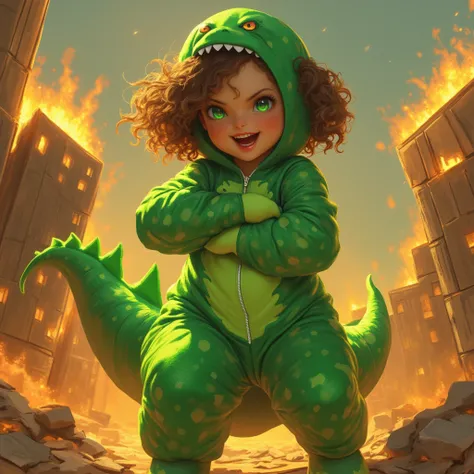 Small Girl, with Green Monster pajamas with a zipper and a tail as its a onesie,her pose is like she playing as godzilla,looking in a happy angry smile showing her teeth and fangs,visble abs,Looking at viewer,Grin,brown curly short hair,green neon eyes,Sol...