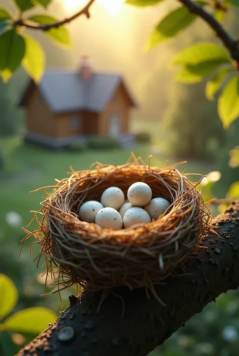 A close-up of a small bird’s nest on a tree branch outside a house. Inside the nest are tiny eggs, symbolizing new life. The morning sun gently lights up the nest, creating a hopeful and peaceful ambiance.