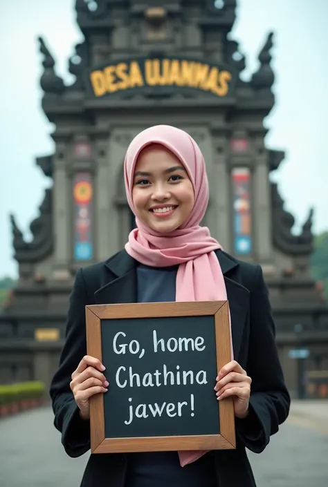 A beautiful woman, facing the camera, smile, wearing black jacket and pink hijab, Standing with the background of a large monument with the words "DESA UJANMAS" with beautiful colorful writing, holding a chalkboard that reads "Icak belaok awak buntu kakak ...