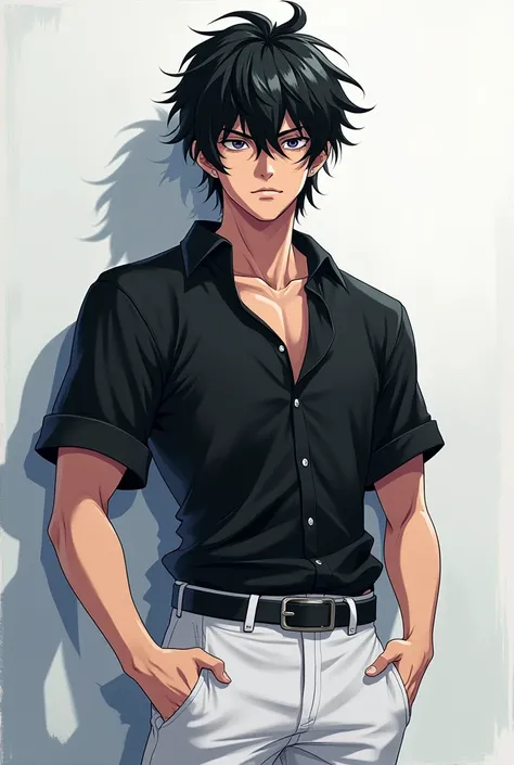 Generate a photo of a male man wearing a black shirt, white pants, normal face, black and messy hair and that is anime