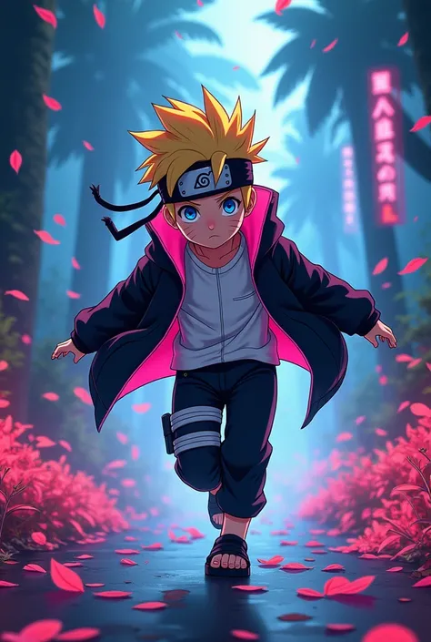 Watercllor colorful,anime styyle,cyberpunk,neon lit,sketch,boruto,boy,,solo,blonde hair,spicky short hair,white shirt,black jacket with pink linning,going through leaves,night,after effects,boruto uzumaki,masterpiece,high quality,high res,ultra detailed,dy...