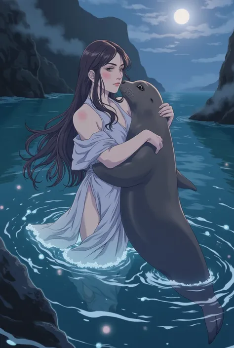 ((line-art Anime, manga aesthetic, highly detailed, vibrant colors, dynamic lighting, soft shading, 8k resolution, masterpiece)),(((1girl_seal:1.2)))A woman emerging from water, with a seal climbing up beside her to embrace her, symbolizing harmony and con...