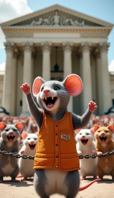 Realistically depict a little anthropomorphic rat. This rat wears an orange vest with the word "TAHANAN" written on its chest. He stood in front of a classic-style courthouse with large pillars. The rat looked happy, smiled broadly, and raised one hand up ...