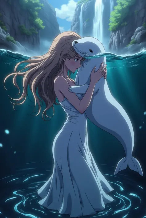 ((line-art Anime, manga aesthetic, highly detailed, vibrant colors, dynamic lighting, soft shading, 8k resolution, masterpiece)),(((1girl_seal:1.2)))A woman emerging from water, with a seal climbing up beside her to embrace her, symbolizing harmony and con...