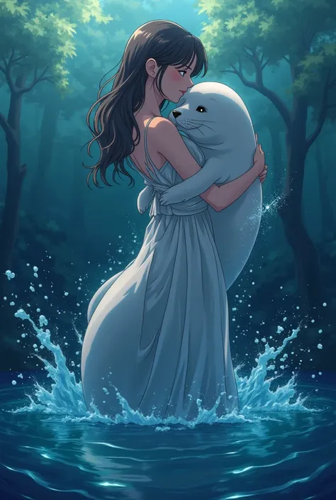 ((line-art Anime, manga aesthetic, highly detailed, vibrant colors, dynamic lighting, soft shading, 8k resolution, masterpiece)),(((1girl_seal:1.2)))A woman emerging from water, with a seal climbing up beside her to embrace her, symbolizing harmony and con...