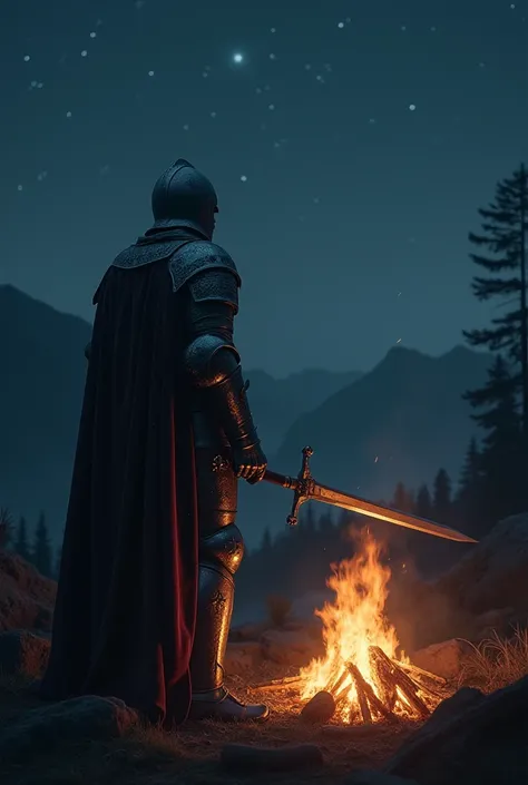 Knight in the middle of the night alone only in the company of the bonfire and his sword