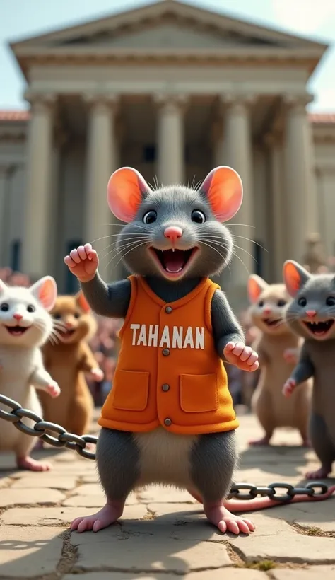 Realistically depict a little anthropomorphic rat. This rat wears an orange vest with the word "TAHANAN" written on its chest. He stood in front of a classic-style courthouse with large pillars. The rat looked happy, smiled broadly, and raised one hand up ...