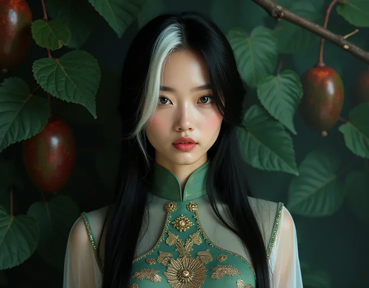 a beautiful vietnamese face girl with piebaldism, black and white hair with a streak of white, real woman straight hair. realistic image.A splendid female with mystical aodai vietnam, 170cm tall with a talon, deep green eyes, natural hair and smooth skin, ...