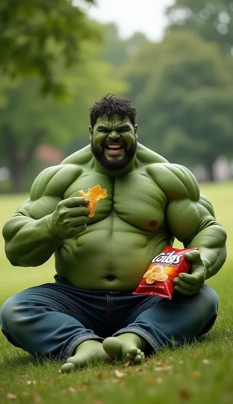 Create a video prompt showcasing a **realistic, FAT BELLY chubby actor as the Hulk**, sitting on a grassy hill. He’s holding a family-sized bag of chips, crunching loudly as he munches. The actor’s round belly is visible in a slightly stretched Hulk shirt,...