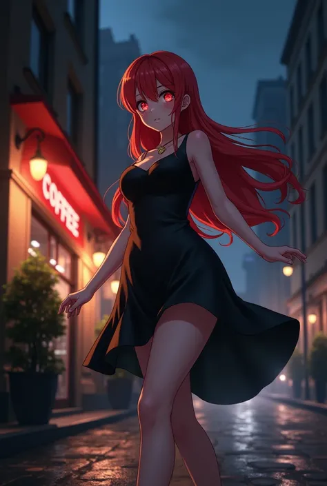 Oc from anime girl with red hair and red eyes Long hair ,  big breasts,  walking through dark streets pointing to a coffee shop in a black dress 
