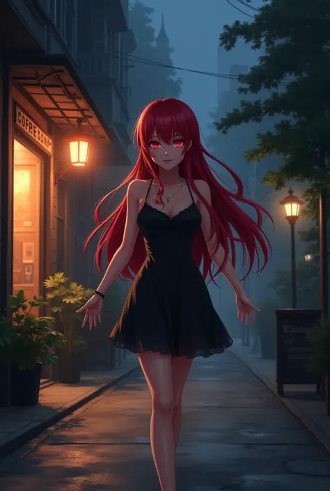 Oc from anime girl with red hair and red eyes Long hair ,  big breasts,  walking through dark streets pointing to a coffee shop in a black dress 
