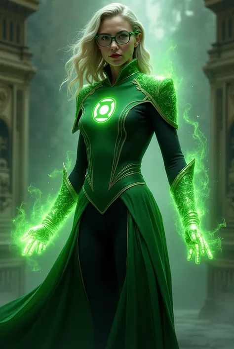 A realistic depiction of Minerva McGonagall as a Green Lantern, combining her wisdom, sharp intellect, and strong sense of justice with the cosmic power of the Green Lantern ring. Her suit is a blend of her dignified Hogwarts attire and the sleek, glowing ...