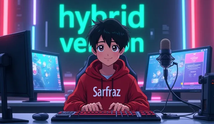 "An anime-style illustration of a mature and wise-looking young boy sitting in a futuristic high-tech YouTube studio. He is facing forward, wearing a red hoodie with the name Sarfraz written on the front. He is smiling confidently. The studio features mode...