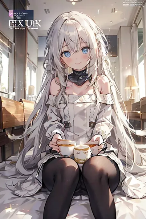 (from below:1.4),((1girl, silver hair, long hair, qutel blue eyes, beautiful eyes, pretty smile:1.5, ), ( off-shoulder dress, sweater dress), ray tracing, vibrant colors, girl, masterpiece, sharp focus, best quality, depth of field, cinematic lighting, det...