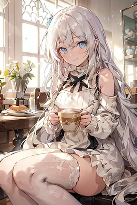 (from below:1.4),((1girl, silver hair, long hair, qutel blue eyes, beautiful eyes, pretty smile:1.5, ), ( off-shoulder dress, sweater dress), ray tracing, vibrant colors, girl, masterpiece, sharp focus, best quality, depth of field, cinematic lighting, det...