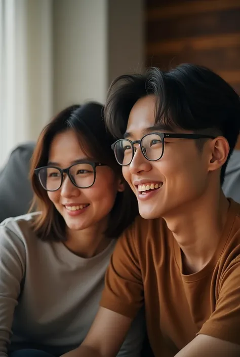  Photo of young couple sitting in living room. Korean woman wearing glasses . short hair.  Hair color dark gray mix dark brown .  Korean man wearing brown t-shirt .  neat hair . wearing glasses.  Sitting together watching television  