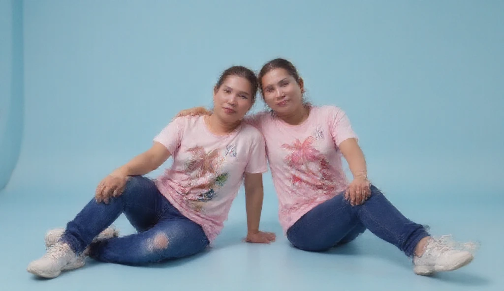 Professional 4K photo. Beautiful and smooth. High definition. With soft colors that are pleasing to the eye. Full length shot of a young Thai couple posing against a light blue background. The man leans back slightly, resting his arm on the womans shoulder...