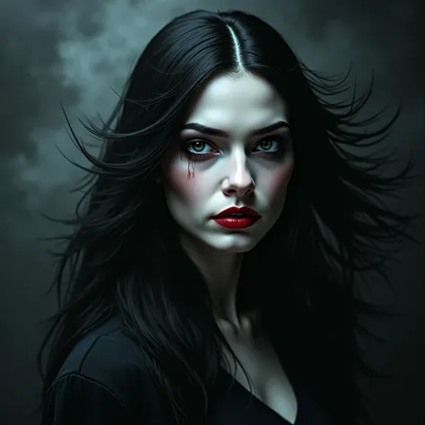 Vampire women, blood, very pale skin, death, dark background, mist, long dark hair, close up portrait, 1 girl, solo, mercredi adams 