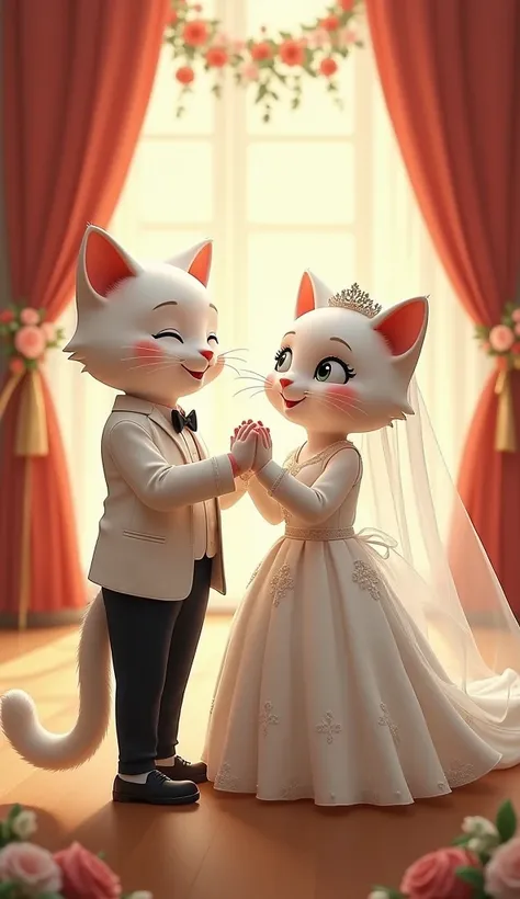 give me a description of the white cat Mr. and the cat Mrs. as their wedding is going on .cat lady White . the bride is in a dress.bride jacket white judda beautiful pussy Mr gavdalik White .Mr. cat is wearing black castium pants .they are welcoming ni hap...