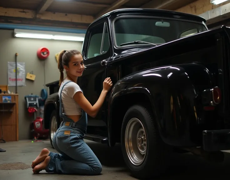 In a dimly lit garage, a young lady, embodying determination, kneels beside a classic 1960 Ford pickup truck, its glossy black exterior reflecting the soft glow of overhead lights. She wears faded denim overalls, the straps casually hanging, paired with a ...