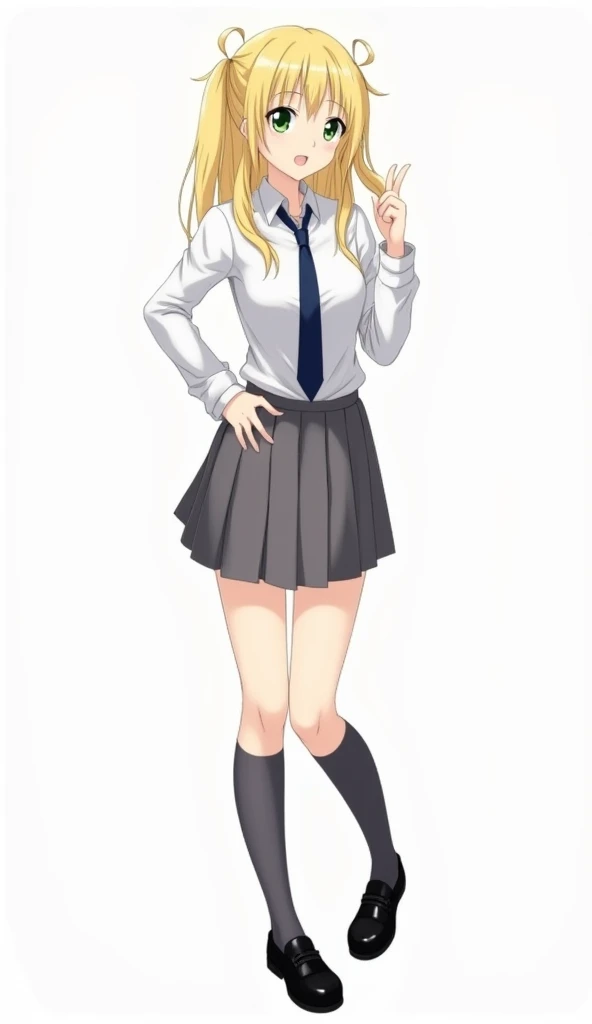  Japanese anime adolescent woman with long blonde hair with two pigtails leaving locks and green eyes and wears a white shirt: long sleeve,  with a classic and formal design .
Dark blue tie:  Long and tight to the neck ,  complementing the uniform .
gray s...