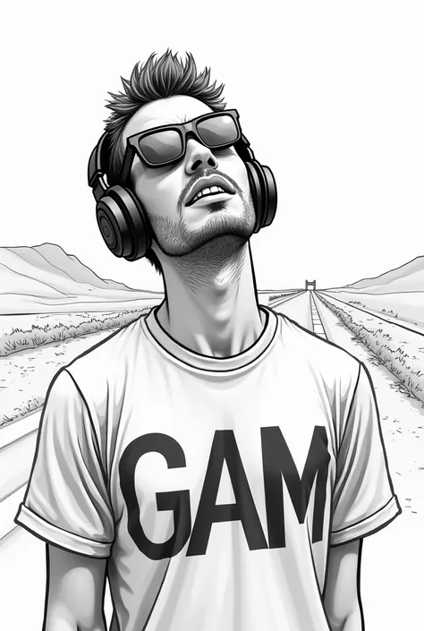 Create a black and white drawing of a man, with no beauty on his face , with square lenses and headphones on ,  on his shirt a print with the letters GAM,  his face is looking up and he expresses sadness, In the background a landscape with a long path . 