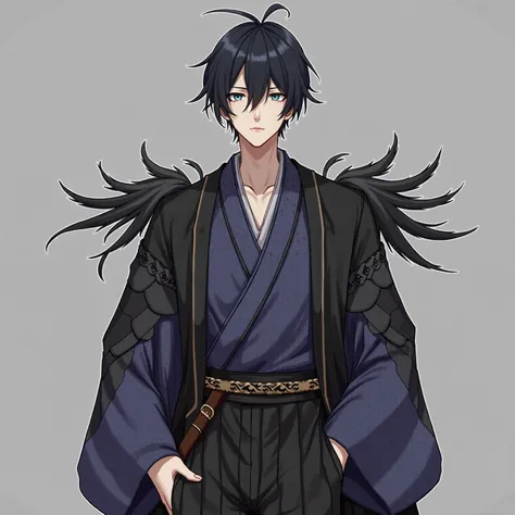 A man wearing a haori hakama with double black feathers　anime