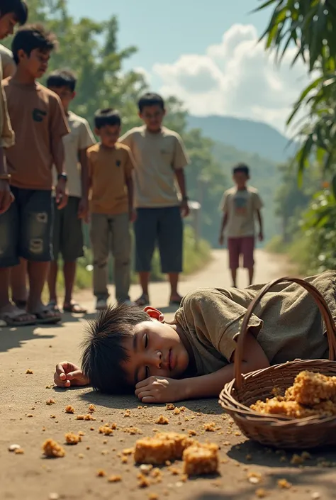  make a picture of a 15-year-old boy passed out on the dirt by the roadside, basket containing spilled cake , Many Indonesians see ren 