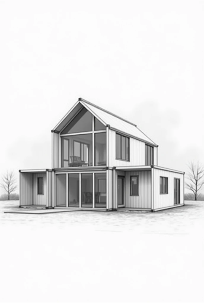   Create a house with 5 shipping containers .  The front must have the front must have 2 20-foot containers spaced 8 feet apart.  On the sides two 40-foot containers and a 20-foot container on the back. .  All windows and doors must be in glass . The high ...