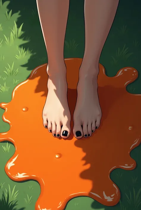 close up of anime teen female bare feet with black pedicure and blue gothic jeans standing on a large orange gooey puddle on the grass floor