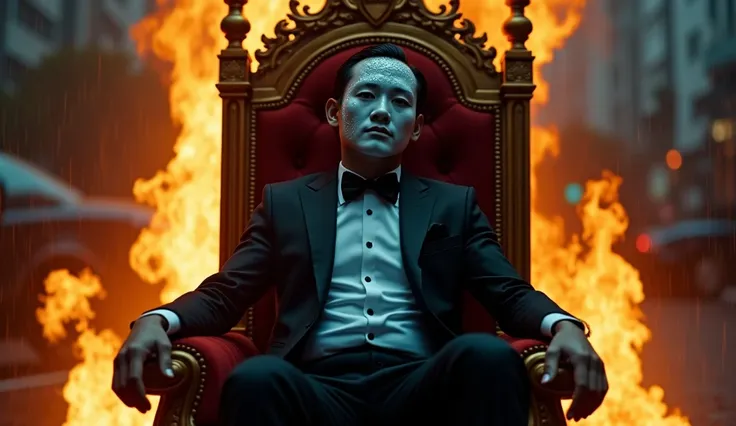  create a realistic image  ,  An Indonesian man wearing a black tuxedo , wearing a broken white mask next to ,  is sitting on a burning royal chair in the rain,  with a dark urban background , This image was taken with a CANON IOS D III MARK V HYPER-REALIS...