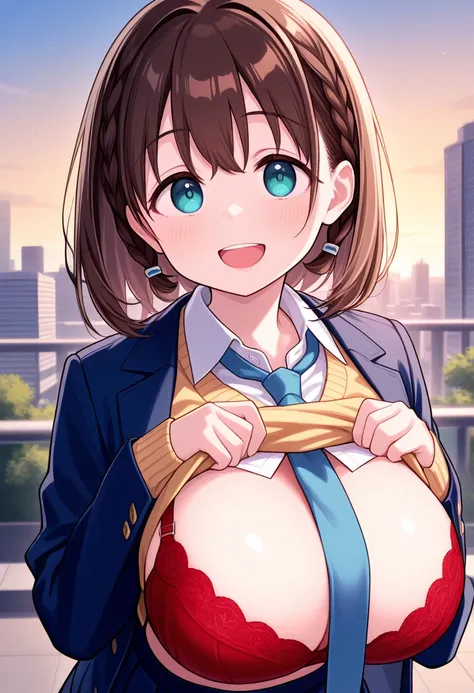 masterpiece,  top quality ,  1 girl, Alone, Ai-chan, Brown Hair,  medium hair, Cyan eyes,  braided ,  Big Breasts, Blue blazer,  yellow sweater vest,  blue tie ,  blue skirt,  pleated skirt ,  watching viewers,  happy , ,  blue sky, city,  upper body,  wea...