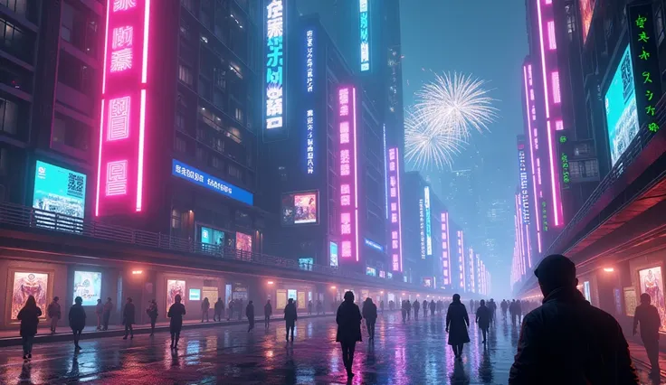 A surreal futuristic night view of a city, featuring towering skyscrapers with neon stripes glowing in vibrant colors - pink, blue, purple and green.  3D billboards displays on the buildings , otherworldly advertisements featuring dynamic patterns and futu...