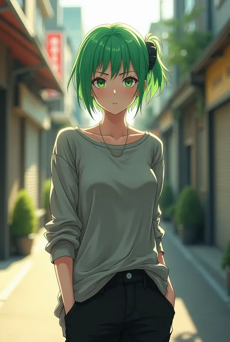 Anime holo-punk, A confident young woman with vibrant dyed green hair styled in a modern undercut with shaved sides, wearing a grey urban shirt, black pants, and classic urban sneakers, standing casually in a sunlit urban palley,  Natural lighting, soft bo...