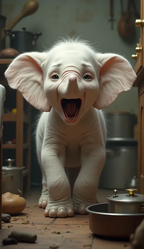 A baby white elephant is trapped in the kitchen and is screaming loudly