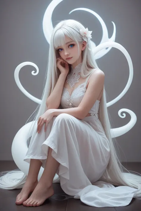 kind gentle cute ghost girl healer very long hair pale white hair sitting full body ghostly ethereal