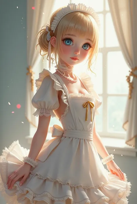  Blond-haired girl, blue eyes and white skin wearing a short maid outfit