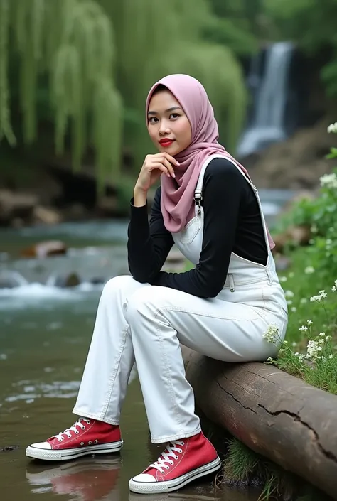  realistic professional photography masterpiece Ultra HD 16k ,  indonesian female model in hijab ,30 years old,  short body , soft pink hijab ,  round face with natural red lips ,  white leather wearing a white jeans overalls with a bright black T-shirt an...