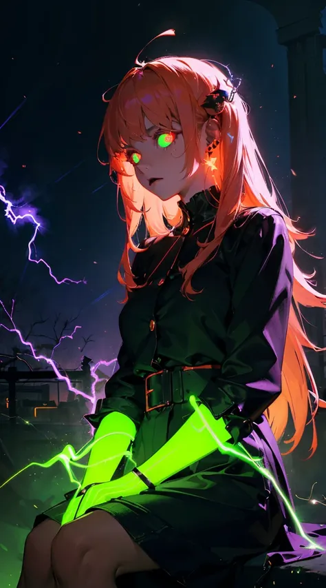 (Masterpiece),(absurdres),32k wallpaper,HD,1girl,(((Glowing))),(((glowing hair))),(((glowing eyes))),(light particles),(((neon lights))),(((aura))),(((ruins))),(((electricity))), (sitting), (Halloween),(Halloween theme),(scary)