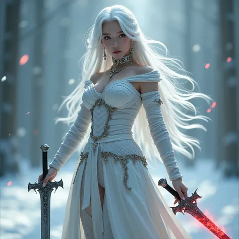 Most beautiful woman, hot and sexy body, background frost,  right holding a holy sword , left holding dark sword, giving really cool pose, fantasy clothes, luxurious fantasy clothes, fantasy Armor clothes, fantasy royalty clothes, white hair, absently long...