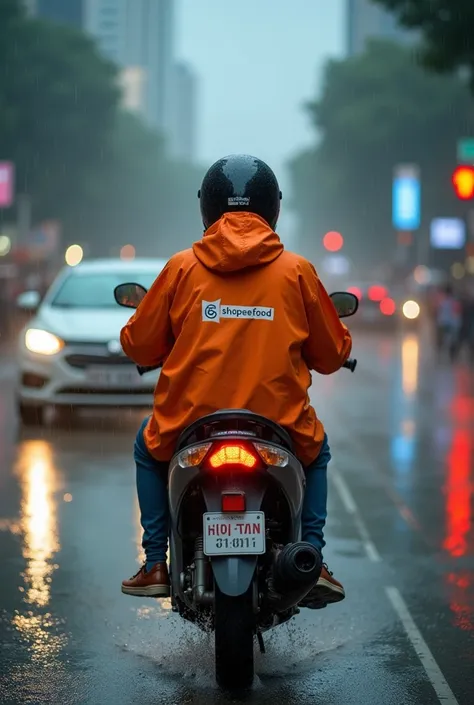 A rideshare driver is struggling in the middle of a heavy rainstorm in a big city. He is wearing a orange raincoat with the shopeefood app logo on his back, a full helmet, and shoes soaked by puddles. His expression shows a relentless spirit despite his ti...