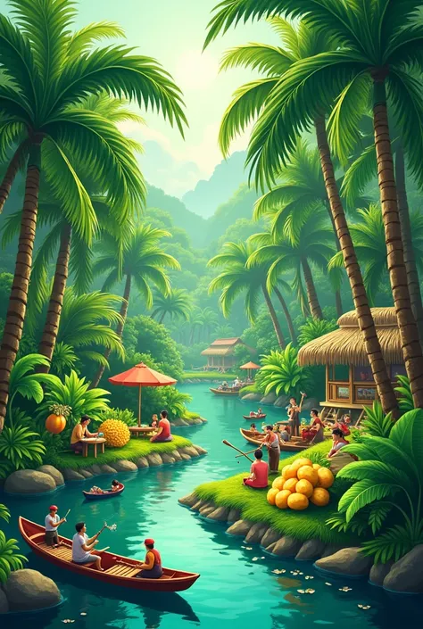 Here’s a prompt tailored specifically to the essence of miệt vườn Việt Nam:

"Design a vibrant and immersive scene capturing the essence of miệt vườn tourism in southern Vietnam, using a lush green color palette. The image showcases a bustling tropical gar...