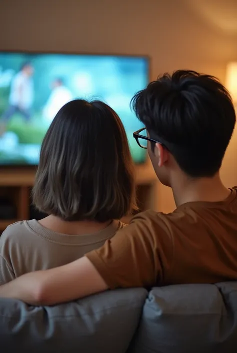  Photo of young couple sitting in living room. Korean woman wearing glasses . short hair.  Hair color dark gray mix dark brown .  Korean man wearing brown t-shirt .  neat hair . wearing glasses.  Sitting together watching television  